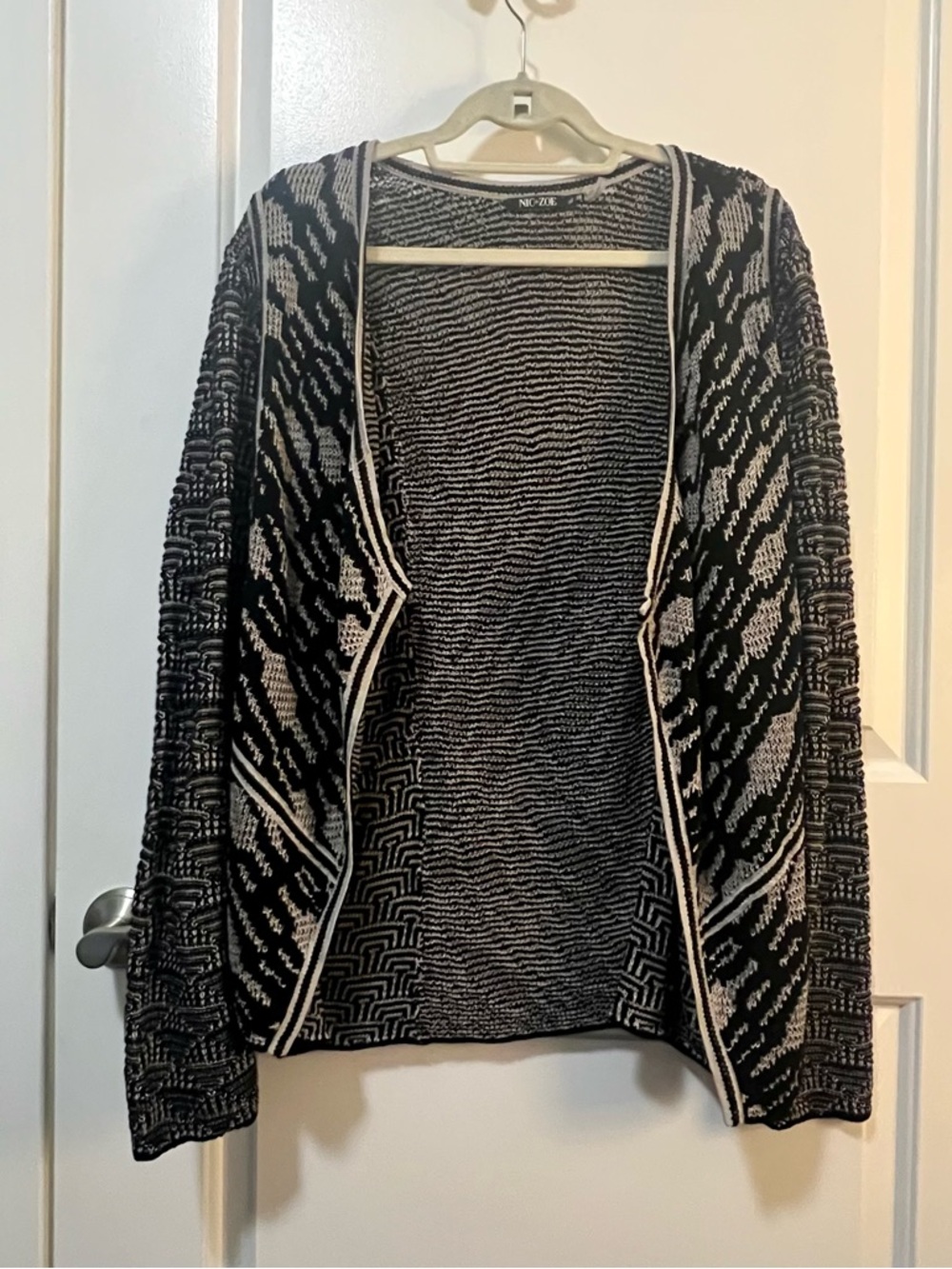 NIC+ZOE Black and White Open-Front Geometric Cardigan
